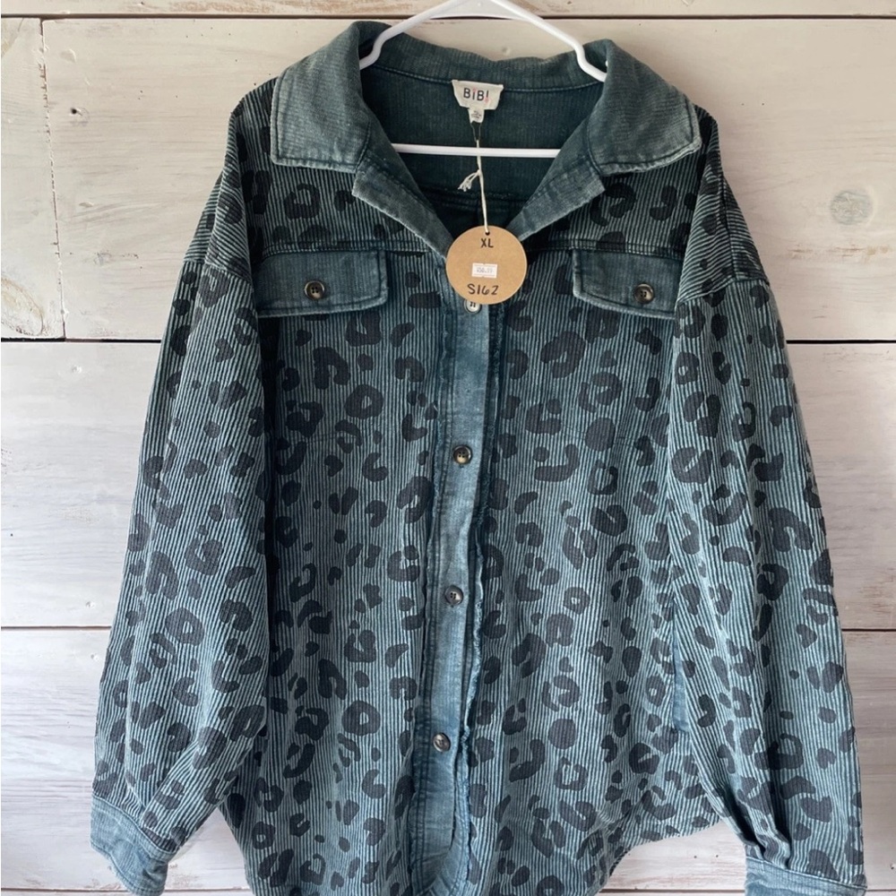 BiBi Teal Corduroy Jacket with Black Leopard Print